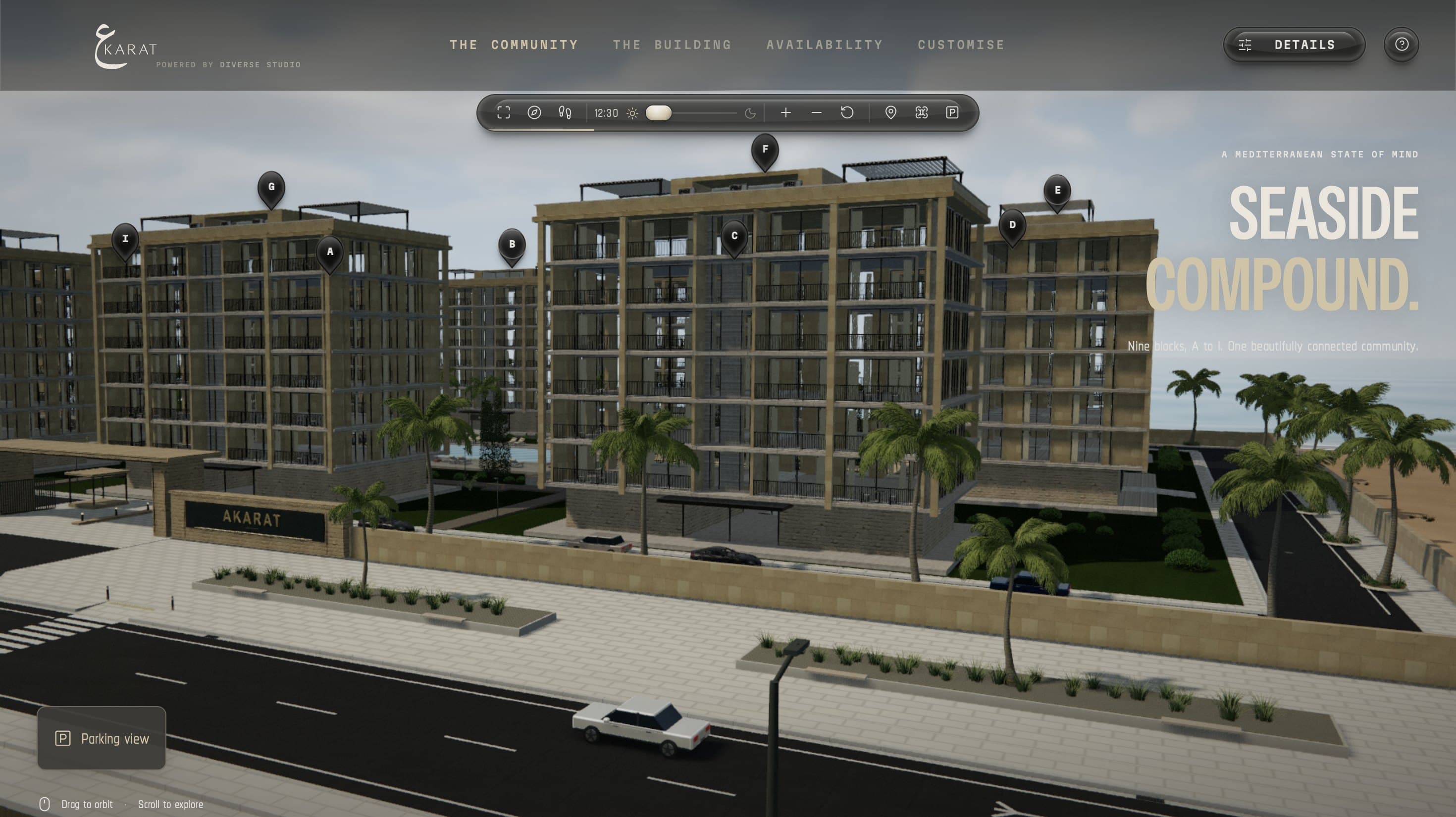 Street level view of the Seaside Compound, with its blocks marked A to I