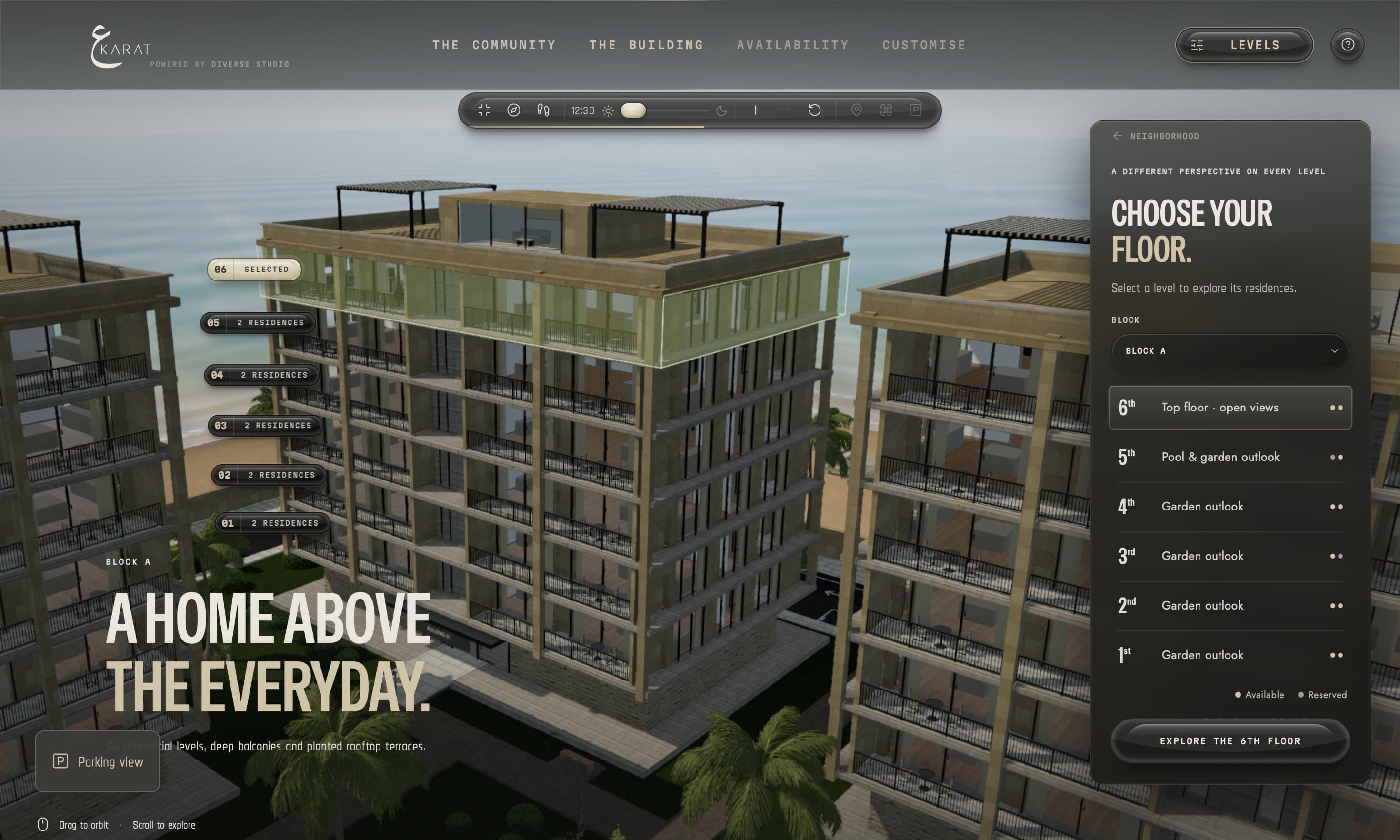 Block A with its top floor highlighted and a floor selection panel