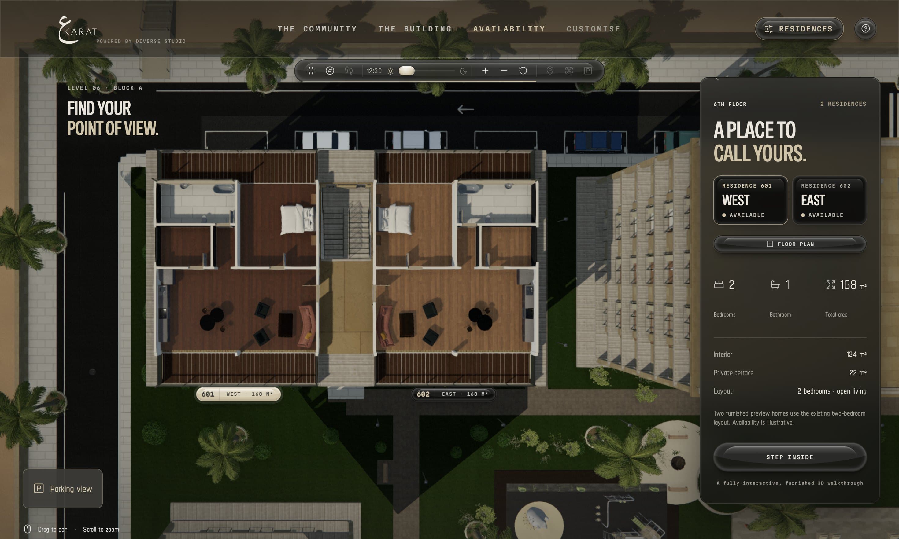 Overhead view of a furnished floor with two residences and a residence details panel