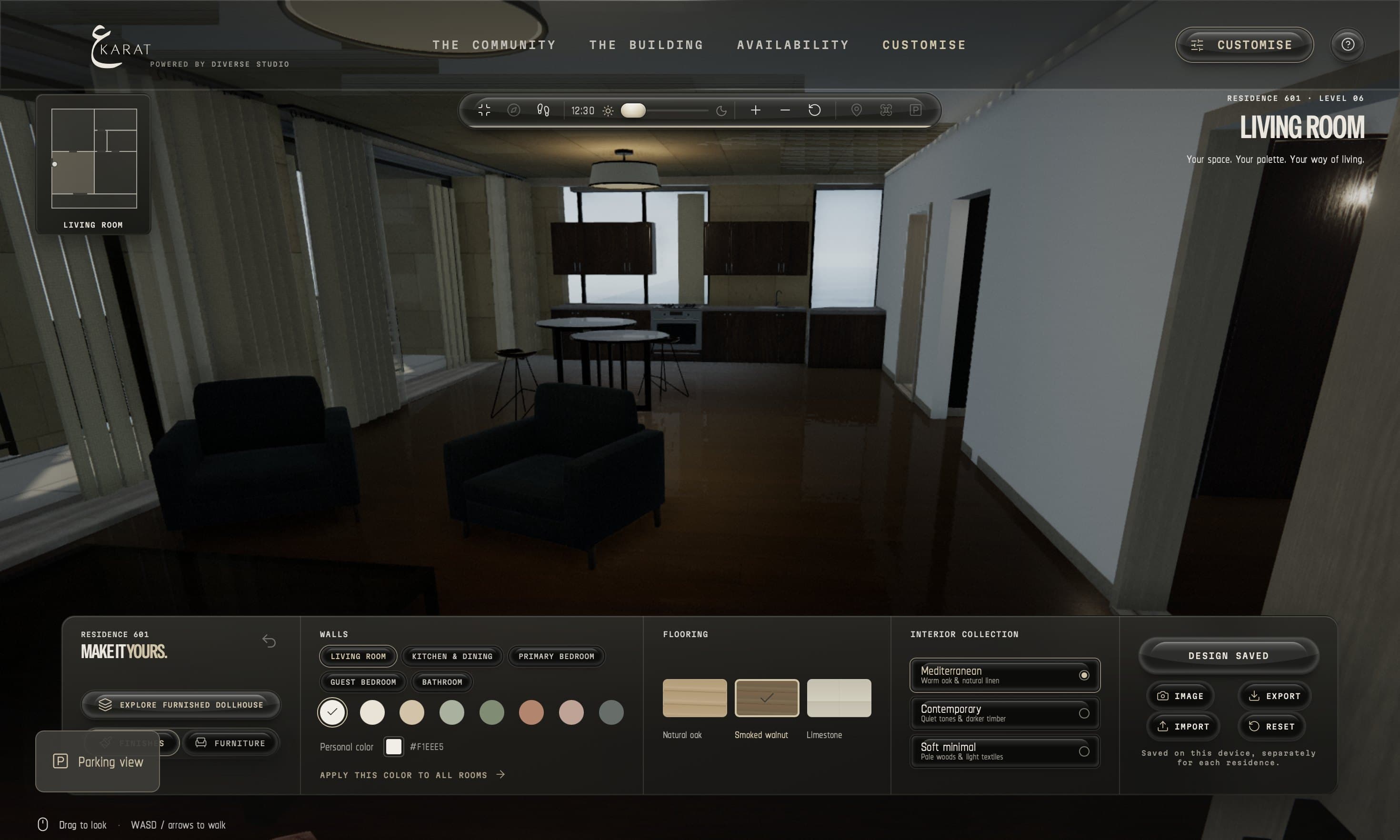 Living room interior with wall color, flooring and interior collection controls